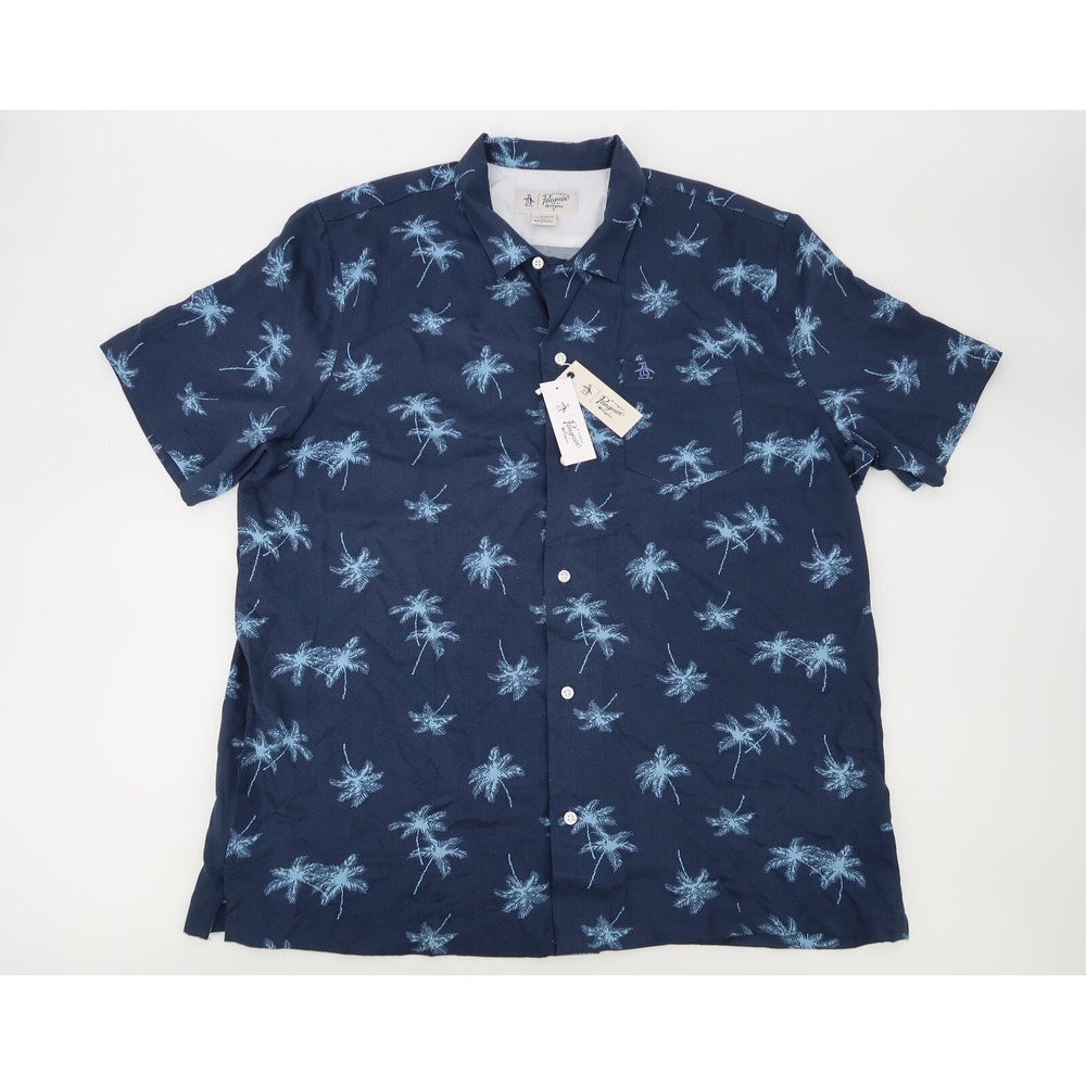 Penguin Munsingwear Mens XL Navy Hawaiian‎ Palm Tree Button Up Shirt Aloha NWT